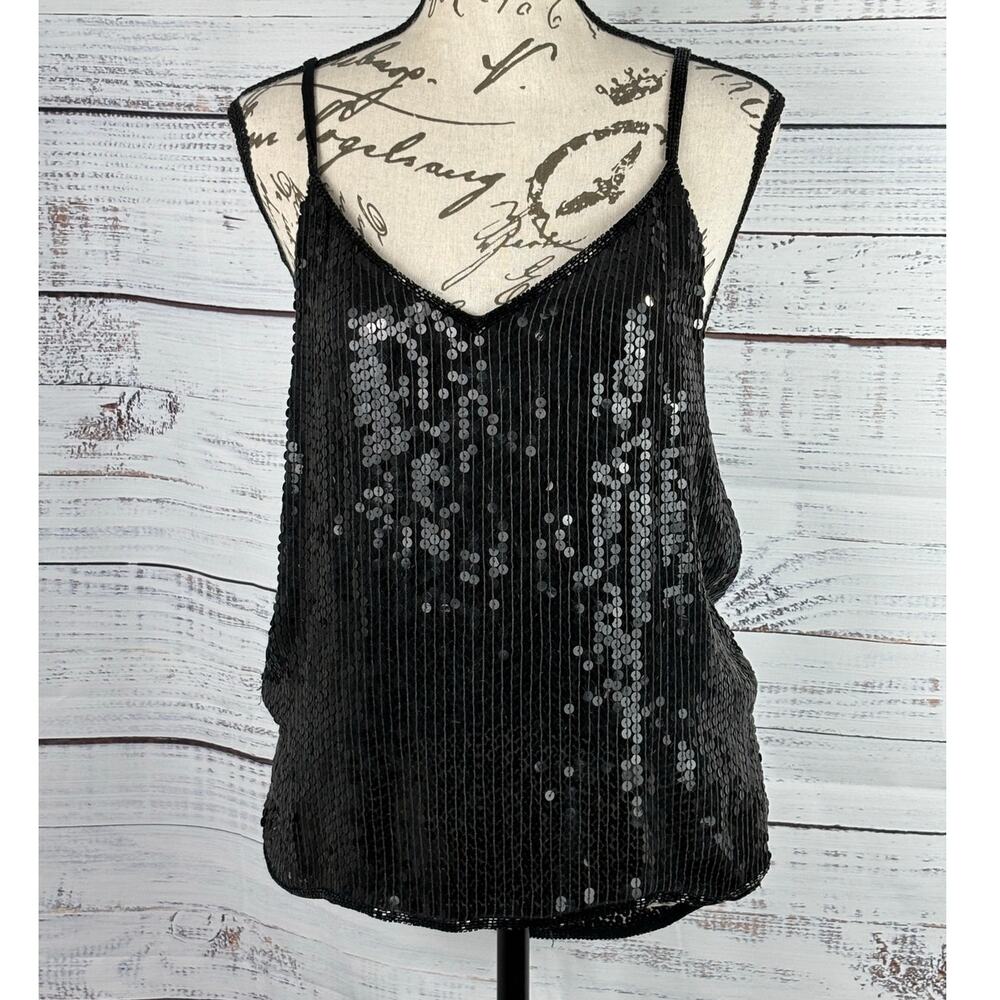 Megere Sequin Silk Tank Womens M Black Spaghetti Strap V Neck Beaded Hem Party